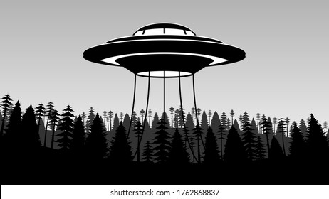 Black Ufo Flying Saucer Spaceship World Ufo Day Vector Forest Silhouette On White Background