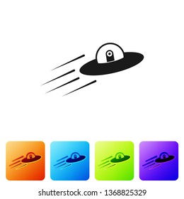 Black UFO flying spaceship and alien icon isolated on white background. Flying saucer. Alien space ship. Futuristic unknown flying object. Set icon in color square buttons. Vector Illustration