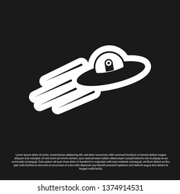 Black UFO flying spaceship and alien icon isolated on black background. Flying saucer. Alien space ship. Futuristic unknown flying object. Vector Illustration