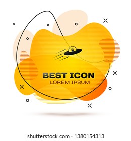 Black UFO flying spaceship and alien icon isolated on white background. Flying saucer. Alien space ship. Futuristic unknown flying object. Fluid color banner. Vector Illustration