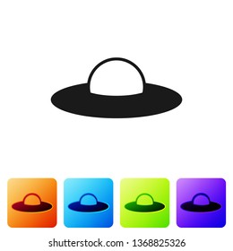 Black UFO flying spaceship icon isolated on white background. Flying saucer. Alien space ship. Futuristic unknown flying object. Set icon in color square buttons. Vector Illustration