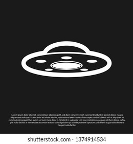 Black UFO flying spaceship icon isolated on black background. Flying saucer. Alien space ship. Futuristic unknown flying object. Vector Illustration