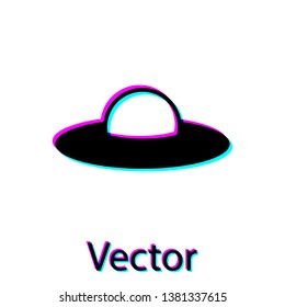 Black UFO flying spaceship icon isolated on white background. Flying saucer. Alien space ship. Futuristic unknown flying object. Vector Illustration