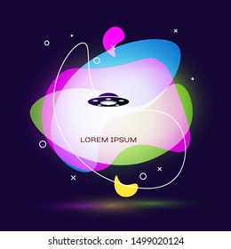 Black UFO flying spaceship icon isolated on dark blue background. Flying saucer. Alien space ship. Futuristic unknown flying object. Abstract banner with liquid shapes. Vector Illustration