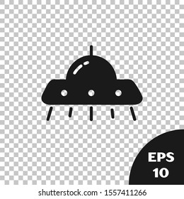 Black UFO flying spaceship icon isolated on transparent background. Flying saucer. Alien space ship. Futuristic unknown flying object.  Vector Illustration