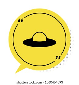 Black UFO flying spaceship icon isolated on white background. Flying saucer. Alien space ship. Futuristic unknown flying object. Yellow speech bubble symbol. Vector Illustration