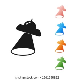 Black UFO flying spaceship icon isolated on white background. Flying saucer. Alien space ship. Futuristic unknown flying object. Set icons colorful. Vector Illustration