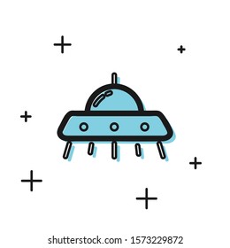 Black UFO flying spaceship icon isolated on white background. Flying saucer. Alien space ship. Futuristic unknown flying object.  Vector Illustration