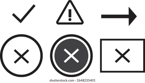 Black UI icon set with tick, cross, alert, arrow icons vector file type on transparent background for apps, website, UI designs, Suitable for apps, websites, dashboard UI,and interface design elements