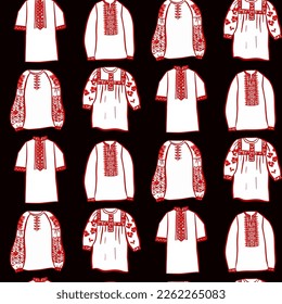 Black Ukraine Embroidery Shirt Seamless Pattern. Vector Illustration of Sketch Doodle Hand drawn Ukrainian Cultural Clothes. svg