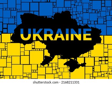 Black Ukraine map with word "Ukraine" in flag background. Square forms. Puzzle.