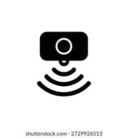 Black ultrasonic sensor icon vector showing sound wave detection symbol, perfect for technology, automation, robotics, and electronic equipment design on white background.
