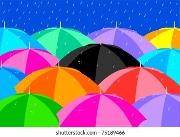 Black Umbrella among Colourful Umbrellas