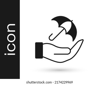 Black Umbrella in hand icon isolated on white background. Insurance concept. Waterproof icon. Protection, safety, security concept.  Vector