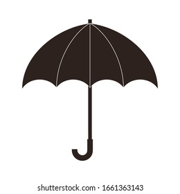 Black umbrella icon with handle isolated on white background in flat style. Umbrella for web, app. Open umbrela rain protection. Weather and meteorology concept. Autumn symbol in rainy weather. Vector