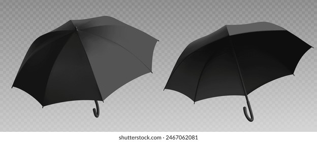 Black umbrella mockup. Realistic isolated open parasol view template for branding. Mock up design for rain weather protection object. Outdoor accessory advertising or presentation for autumn season