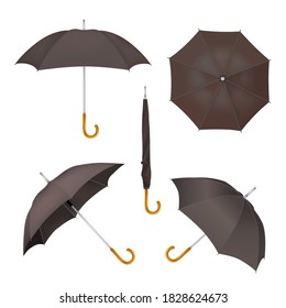 Black umbrella mockup set, vector illustration isolated on white background. Realistic folded and opened parasols for rainy weather.