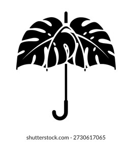 Paraguas negro con diseño de hoja de monstruo sobre fondo blanco, ilustración elegante y simple.