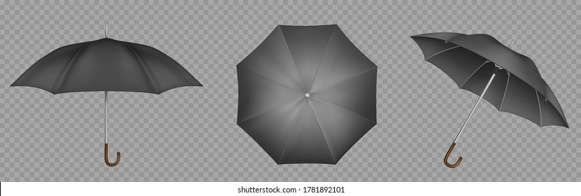 Black umbrella, parasol top, side and front view. Waterproof accessories for rainy autumn weather, design element isolated on transparent background. Realistic 3d vector illustration, icons set