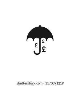 Black umbrella with black pound sterling signs under it. Vector flat icon isolated on white. Money Rain. Money protection pictogram. Investments safety symbol. Black and white.