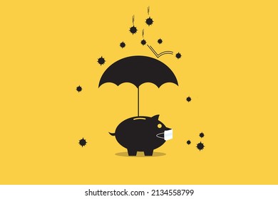 black umbrella for protect to sick piggy bank wearing surgical mask to prevent viruses. Saving money concept.