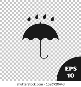 Black Umbrella and rain drops icon isolated on transparent background. Waterproof icon. Protection, safety, security concept. Water resistant symbol.  Vector Illustration