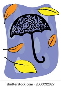 Black umbrella in rainy weather. Falling autumn leaves.