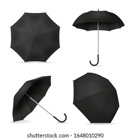 Black umbrella. Realistic blank parasols various positions open and top and front view for mockup, branding or advertising vector 3d waterproof template