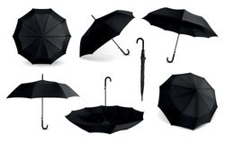 Black Umbrella. Realistic Mockup Of Open And Closed Rain Protection Accessory. View From Different Angles On Parasol With Handle. Folded Waterproof Tents. Vector Classic Canopies Set