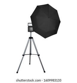 Black umbrella reflector for flash. Professional camera equipment. A video illustration.