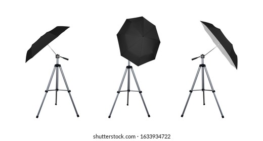Black umbrella reflectors set for flash. Professional camera equipment. A video illustration.