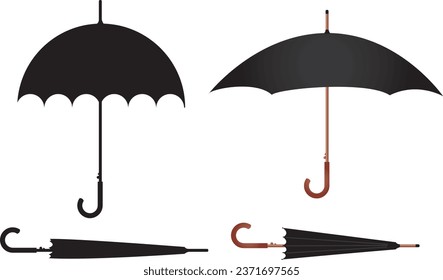 Black Umbrella Vector Set - Open and Closed (Isolated Illustration)