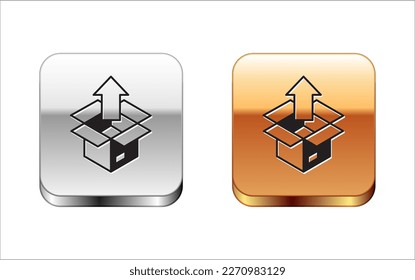 Black Unboxing icon isolated on white background. Silver and gold square buttons. Vector