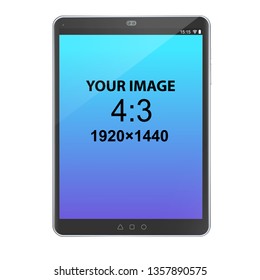Black unbranded vertically oriented 4:3 tablet, front view, photorealistic vector mockup.