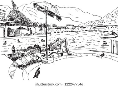 black und white drawing of a mediterranean beach