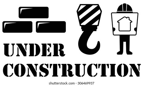 black under construction symbol with architect and building material