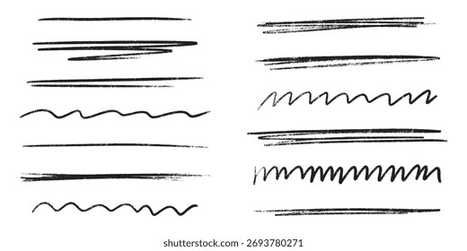 Pincel de lápiz negro subrayado con textura de tiza de línea de lápiz para diseños y marcas dibujados a mano. Patrones ondulados en zigzag o Elementos Horizontales rectos. Boceto artístico aislado en blanco.