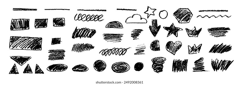 Black underline pencil hand drawn various ellipses, crowns, doodle cloud and sun, arrows, star, triangle and heart. Vector grunge charcoal pencil curly lines, squiggles and shapes. Rough crayon stroke