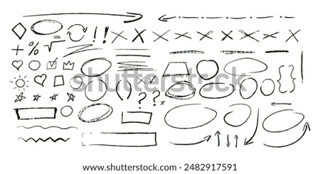Black underline pencil hand drawn various ellipses, punctuation marks, direction pointers, arrows, stars, question mark and exclamation point. Vector grunge black strike through and underline elements