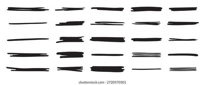 Schwarzer unterstrichener Strich. Handgezeichnete Markierungslinien. Fette Markierungsstriche für das Design von Textbetonungen. Vektorgrafik