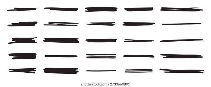 Black underline stroke set. Hand drawn highlight lines. Bold marker strokes for text emphasis design. Vector illustration