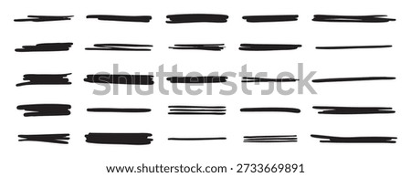 Black underline stroke set. Hand drawn highlight lines. Bold marker strokes for text emphasis design. Vector illustration
