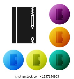Black Underwater note book and pencil for snorkeling icon isolated on white background. Water writing slate or tablet with pen. Set icons colorful circle buttons. Vector Illustration