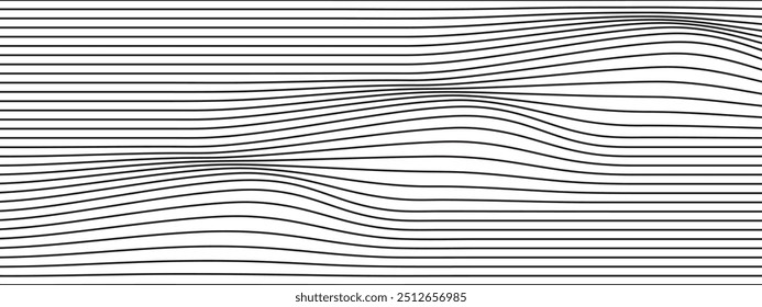 Líneas onduladas negras sobre fondo blanco. Patrón de rayas de bobinado. Impresión de ondas de agua. Mar, océano, montaña o colinas ondeando relieve de diseño lineal. Vector ilustración gráfica.