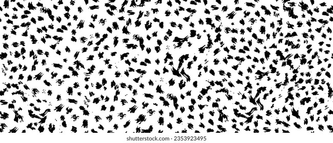 Black uneven specks, spots, blobs, splashes seamless pattern. Free hand drawn speckles, flecks, stains or dots of different size texture. Abstract monochrome background.