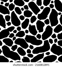 Black uneven specks, spots, ink blobs seamless pattern. Hand drawn black and white freehand drawing. Abstract background with round brush strokes. Vector chaotic organic dots. Simple ornament