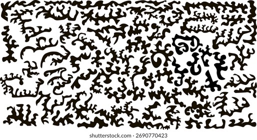 Black uneven spots, ink blobs. Hand drawn black and white freehand drawing. Abstract background with rounded shapes. Vector chaotic organic dots. Black pattern. 