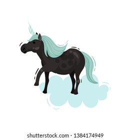 Black unicorn with a blue mane. Vector illustration.