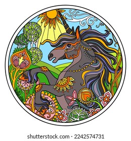 Black unicorn in flower frame round shape. Color picture with fantasy horse drawn in tangle style. Antistress freehand sketch drawing. Vector illustration. For jigsaw, design, puzzle, print, decor