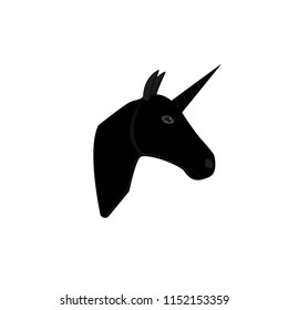 Black unicorn. Head of unicorn. Fantasy design of mythology creature. Graphic icon, print or logo. Isolated. Vector.